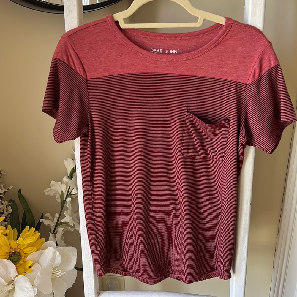 Dear John Rose Black Striped Short Sleeve Pocket Tee. Size XS